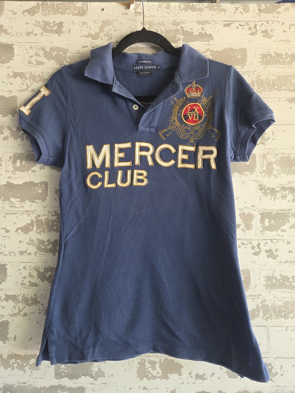 Ralph Lauren Womens Skinny Polo Shirt Blue Mercer Club Crest Equestrian Small S